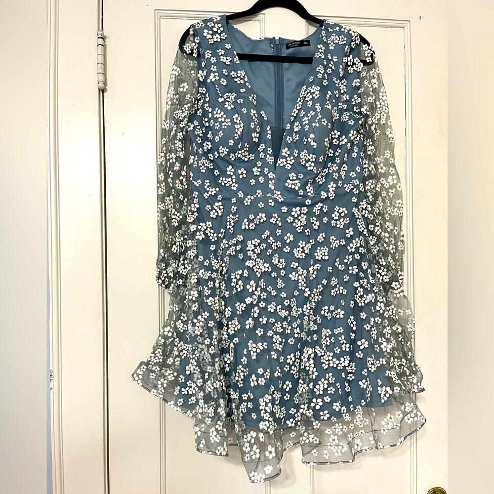 SHEIN CURVE Floral Blue Dress with Sheer Sleeves